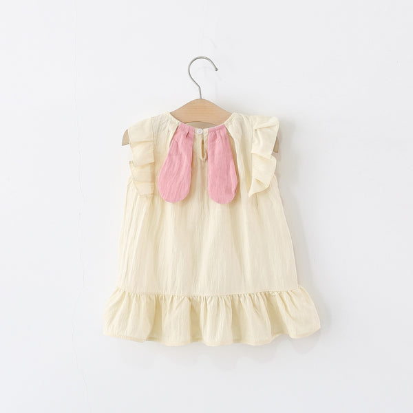 Summer Girls Solid Color Back Bunny Ear Flying Sleeve Dress