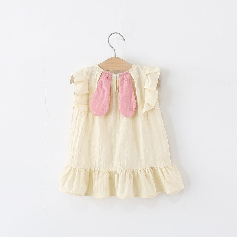 Summer Girls Solid Color Back Bunny Ear Flying Sleeve Dress