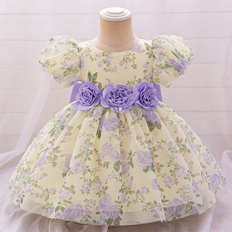 Cute Baby Girl Birthday Puff Sleeve Princess Dress Girl Flower Print Dress