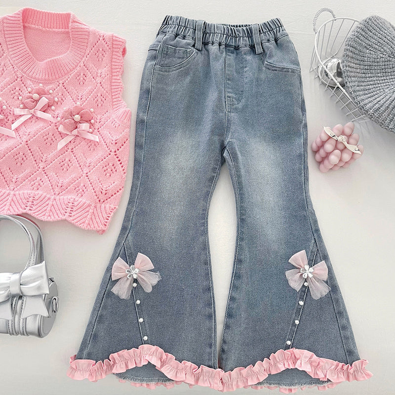 Girls' Autumn Love Vest Shirt Jeans Three-Piece Set