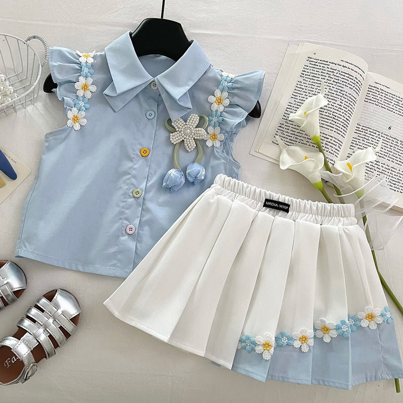 Girls Summer Lace Shirt Set Color Block Pleated Skirt Two-piece Set