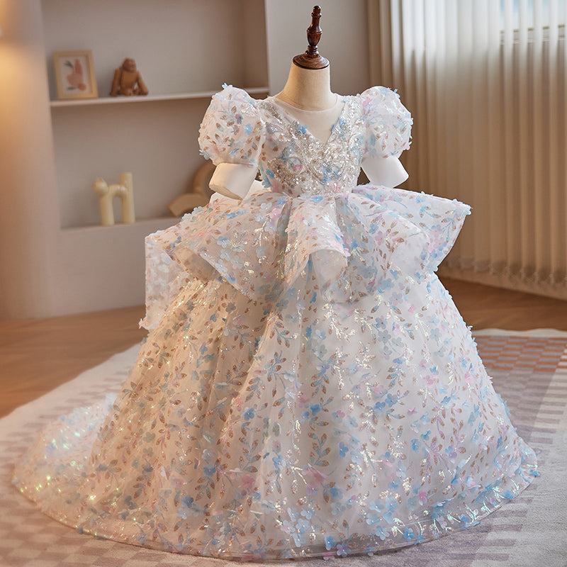 Flower Girl Dress Children Wedding Pageant Sequin Bowknot Fluffy Princess Dress