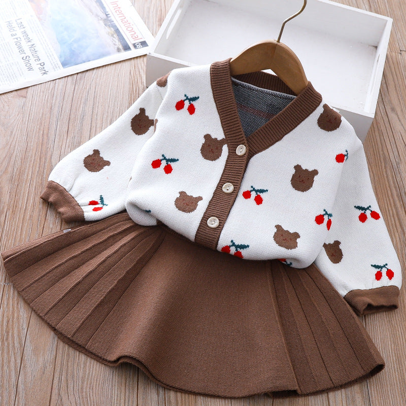 Cute Baby Girl Bear Sweater Dress Printed Two Piece Winter Dresses
