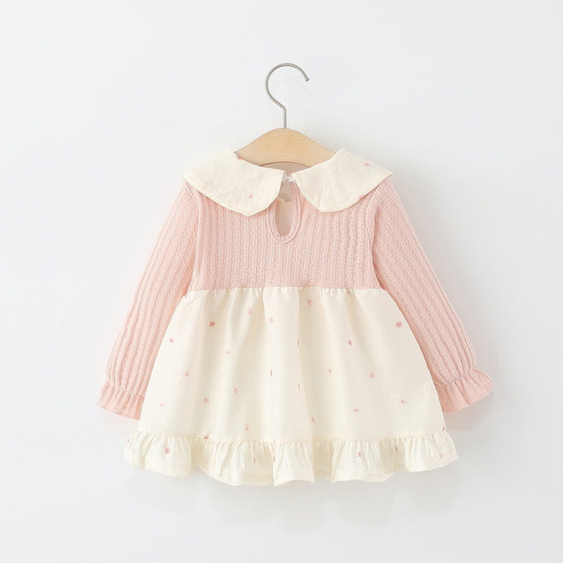 Girls' Doll Collar Floral Bow Fake Two-piece Dress