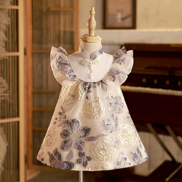 Elegant Baby Satin Jacquard Butterfly Sleeve Princess Dress Toddler Girls Pageant Dresses