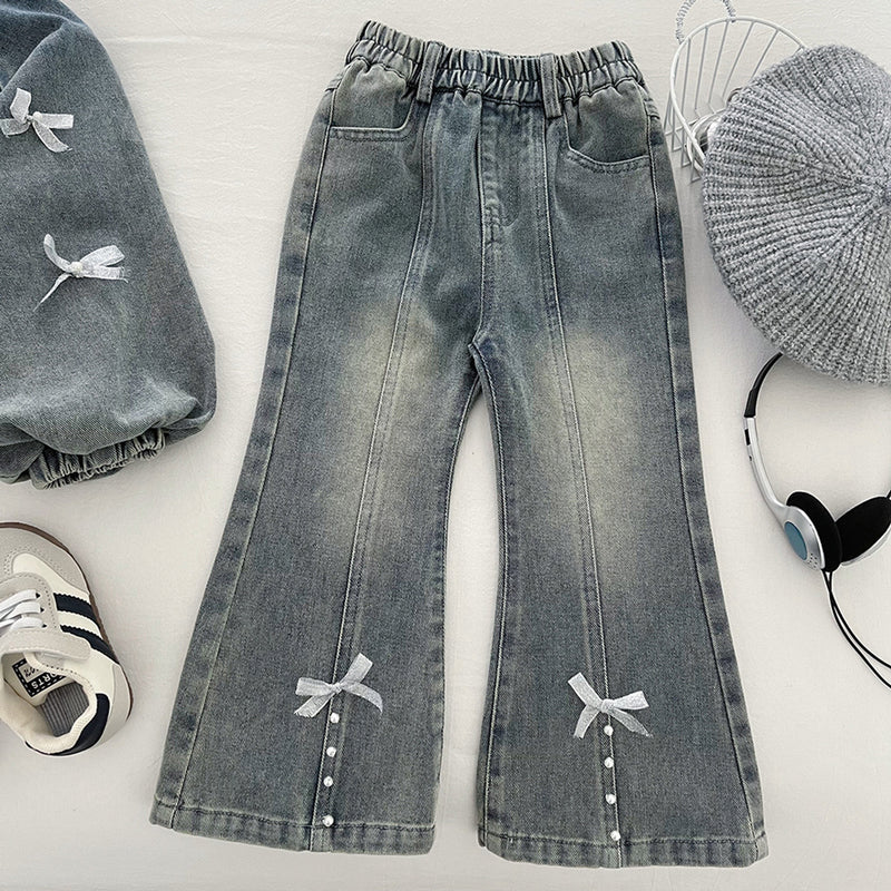 Girls' Denim Bow Beaded Jacket and Jeans Two-Piece Set