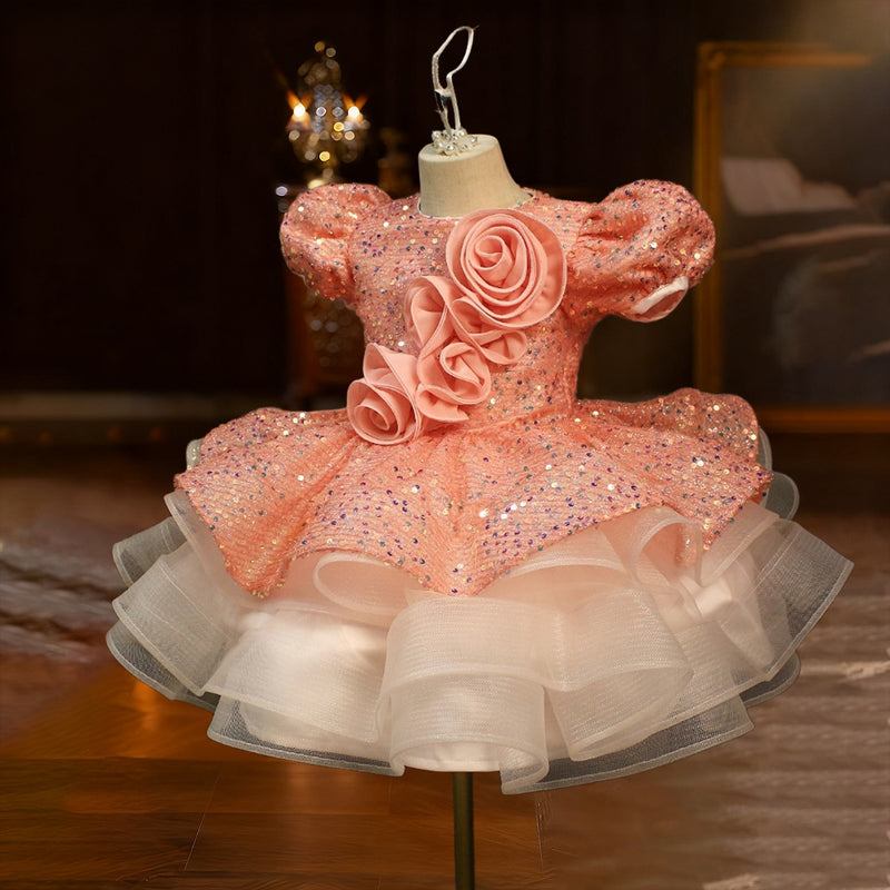 pink sequin girls dress 2Bunnies Girls' Bubblegum Sequin Puff Sleeve Dress 3T / Bubble Gum Pink