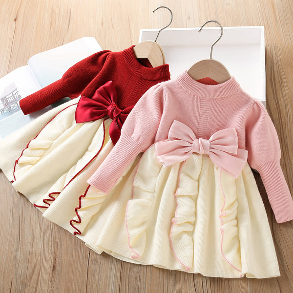 Girls Bow Knitted Long Sleeve Pullover Sweater