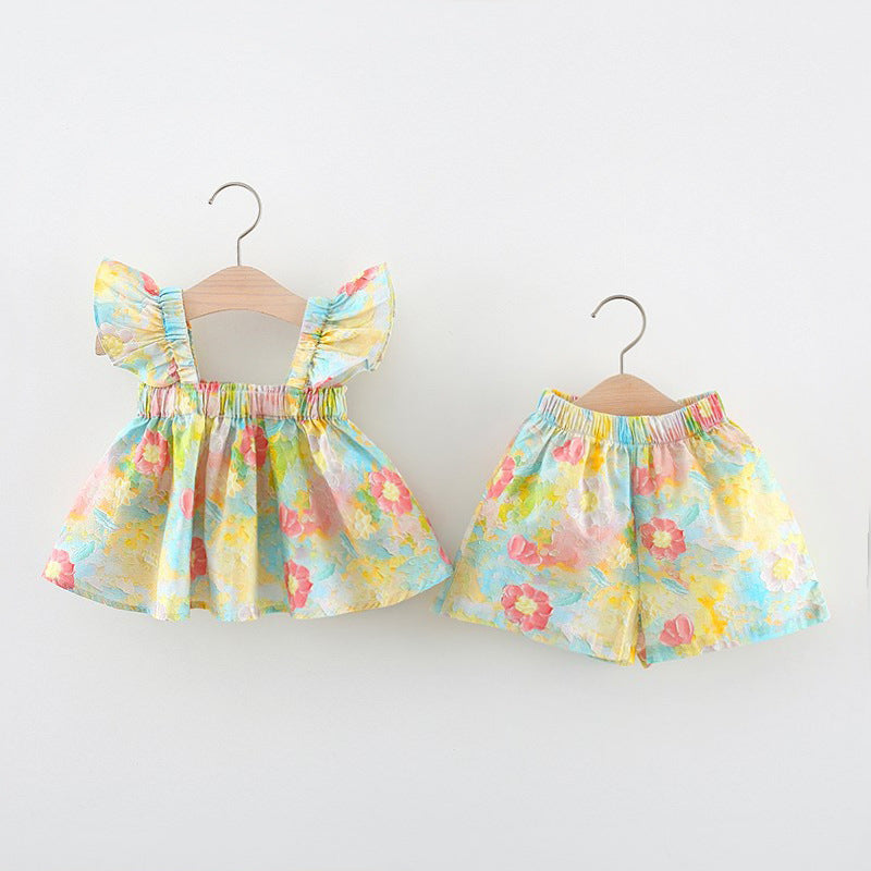 Summer Girls New Printed Small Flying Sleeves Two-piece Suit