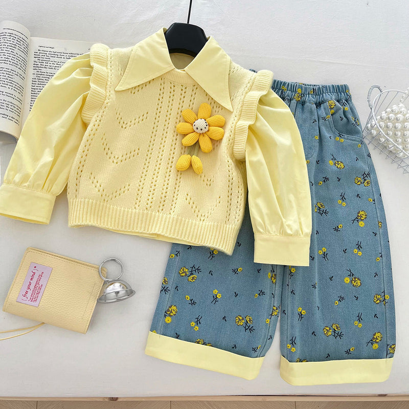 Girls' New Floral Sweater Shirt and Jeans Three-piece Suit