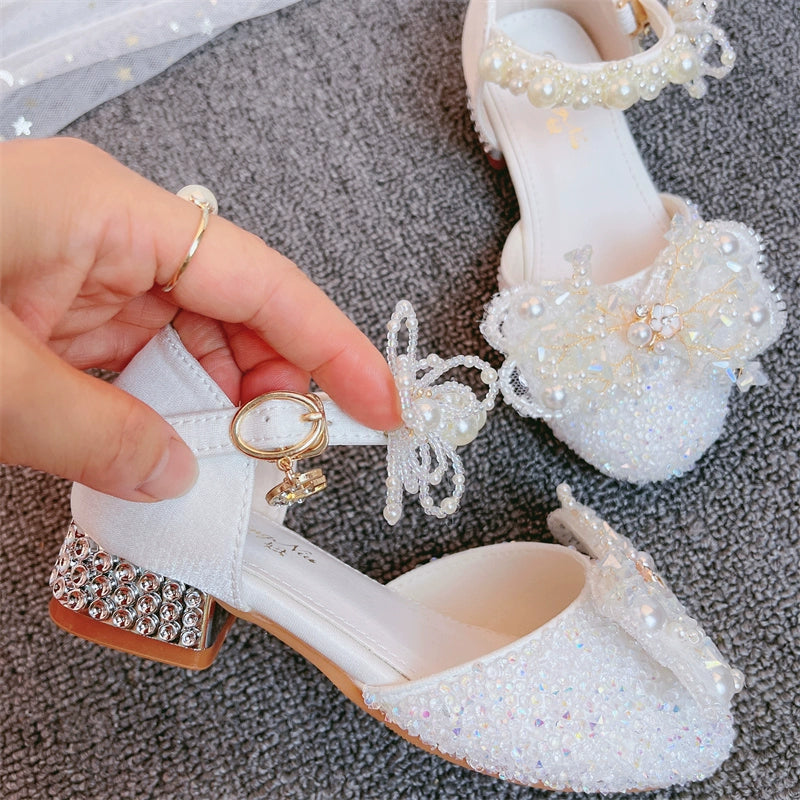 Girls Crystal White High Heel Princess Shoes
