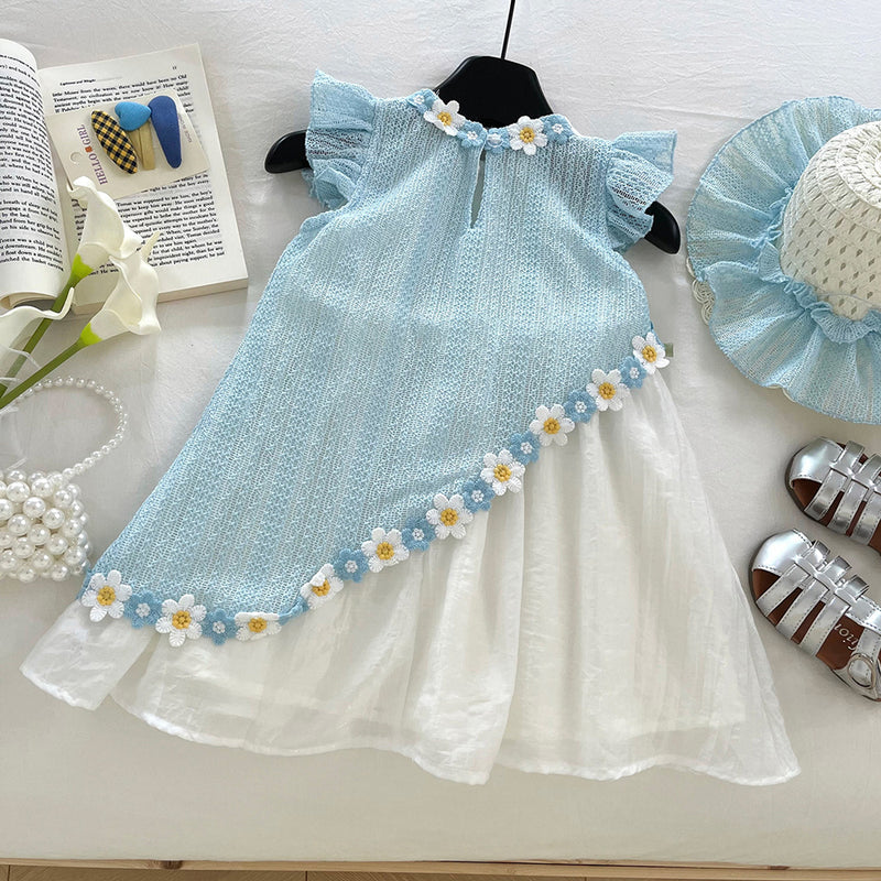 Girls Summer Flying Sleeve Lace Splicing Princess Dress