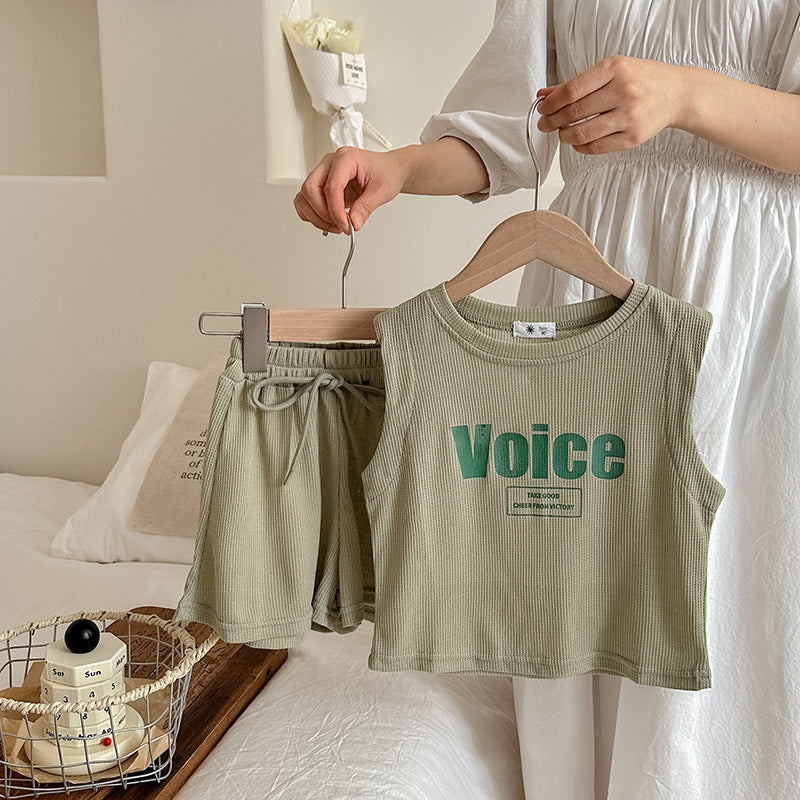 Girls Sleeveless Letter Printed Casual Waffle Two-Piece Suit