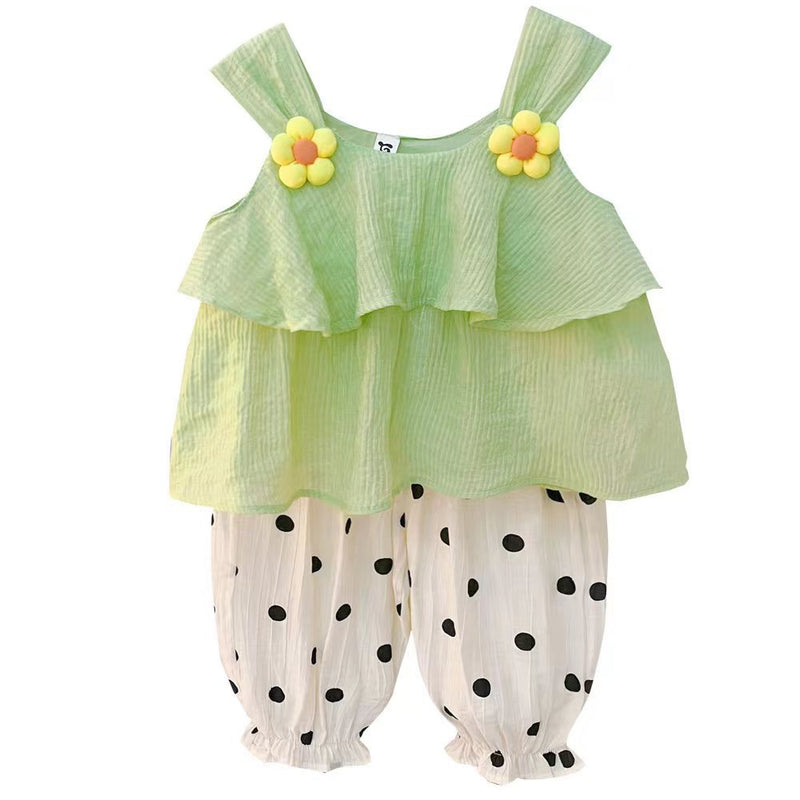 Summer Girls Thin Suspender Polka Dot Pants Two-piece Set