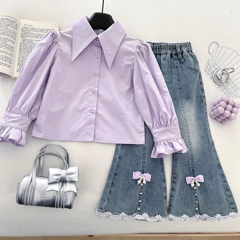 Girls' Floral Knitted Vest Shirt and Flared Jeans Three-Piece Set