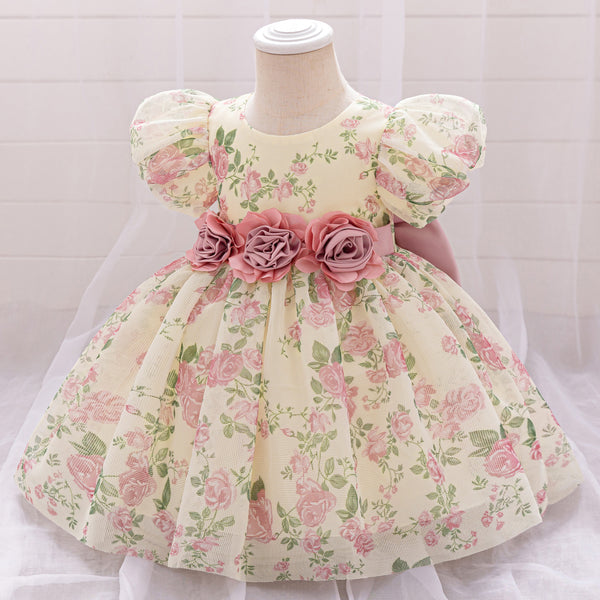 Cute Baby Girl Birthday Puff Sleeve Princess Dress Girl Flower Print Dress