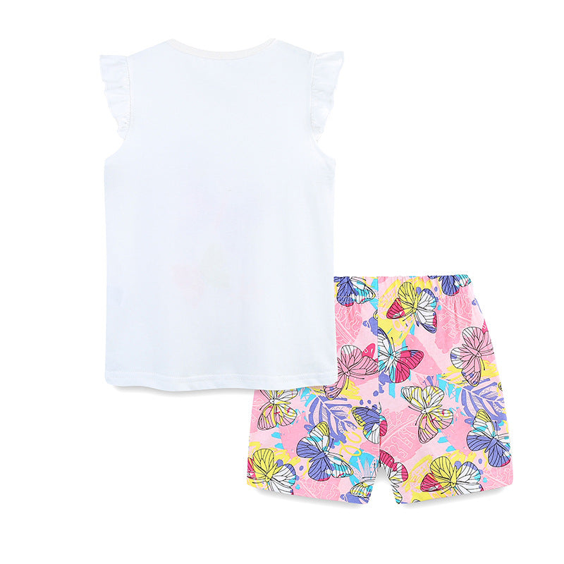 Girls Summer New Butterfly Print Children's Short-sleeved Shorts Two-piece Suit
