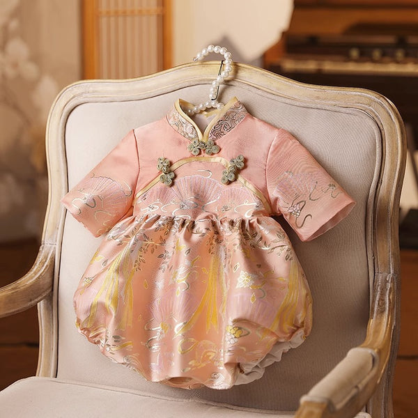 Cute Baby Girl Pink Buckle Printed Baby Romper