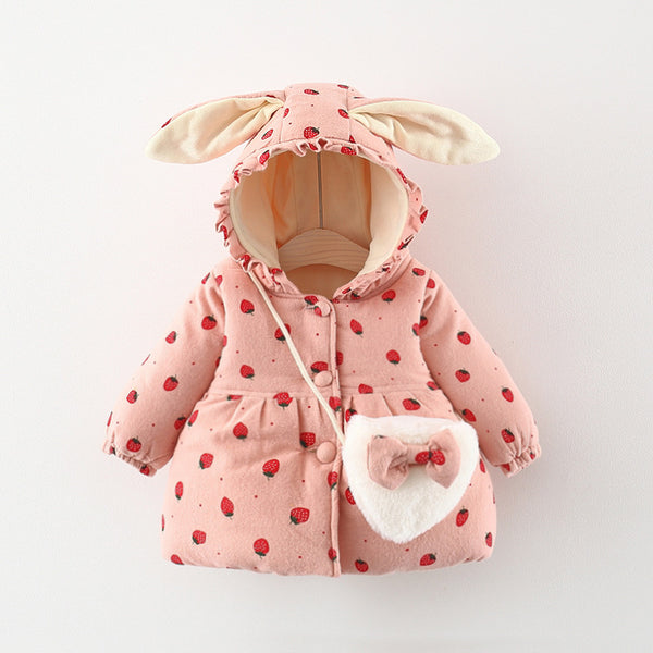 Girls' Winter Printed Bunny Ear Cotton Coat