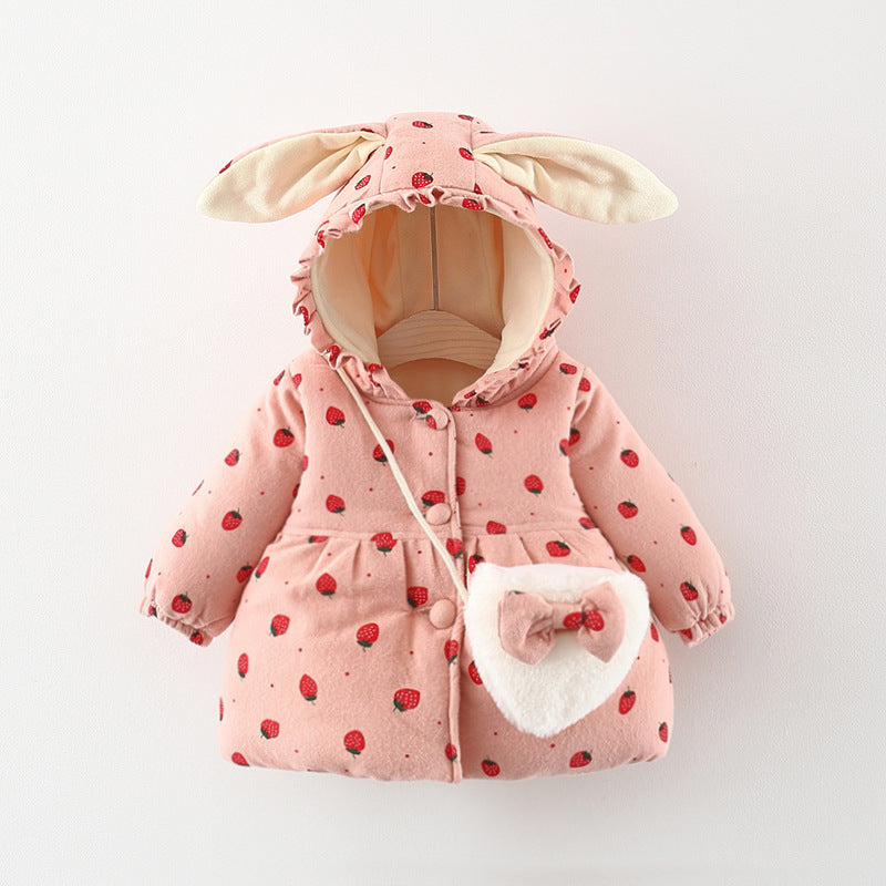 Girls' Winter Printed Bunny Ear Cotton Coat