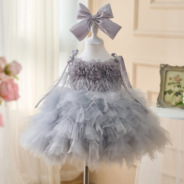 Girls Gray Birthday Dress Flower Girl Cute Princess Dress