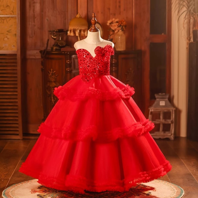 Elegant Baby Girls Red Long Puff Sleeve Mesh Dress Toddler Sequin Birthday Costume Princess Dress