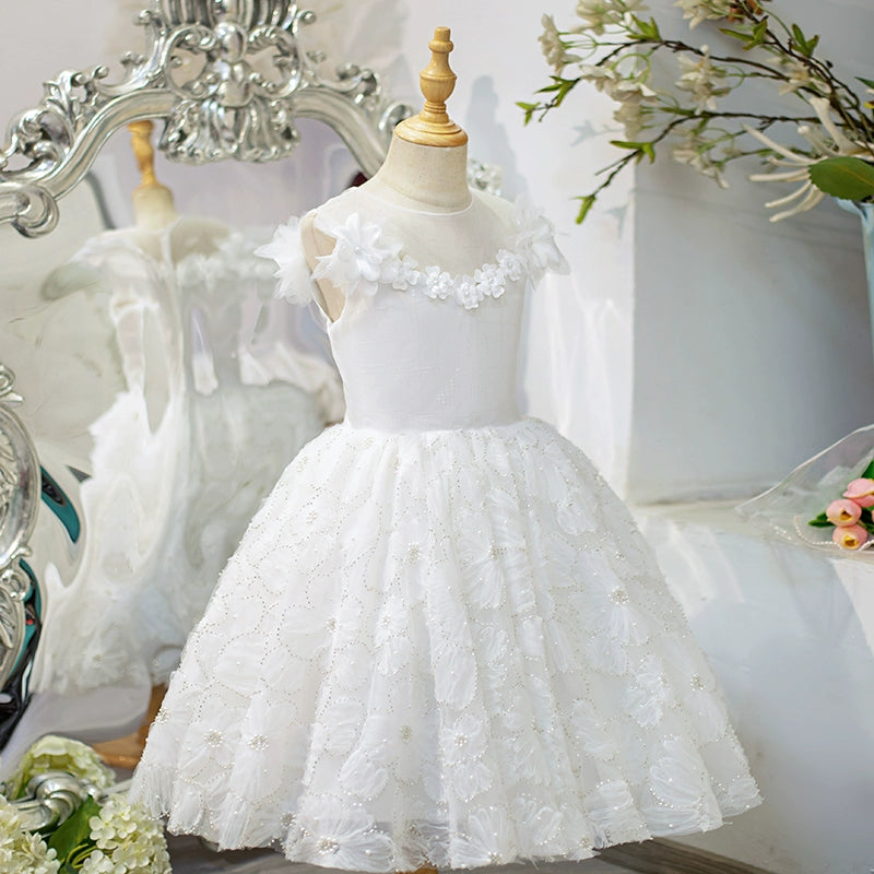Girls Birthday Princess Dress White Flower Girl Wedding Puffy Dress