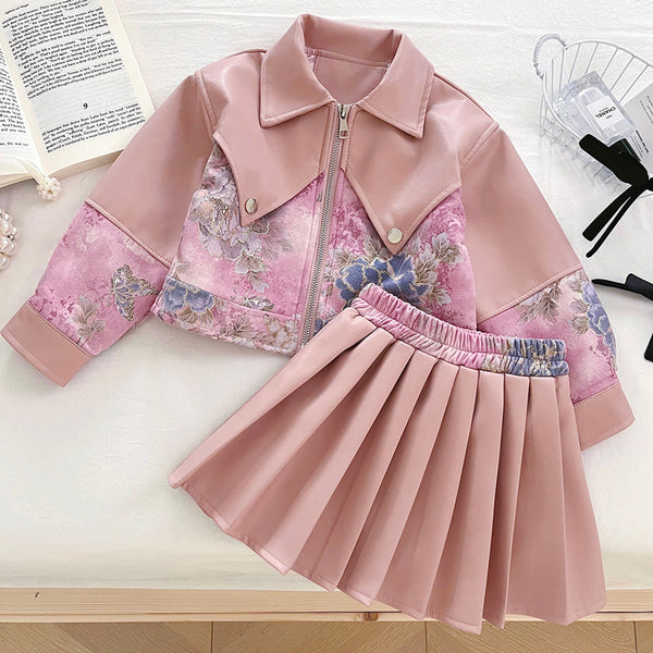 Girls' New Colorblock PU Leather Jacket Pleated Skirt Two-Piece Set