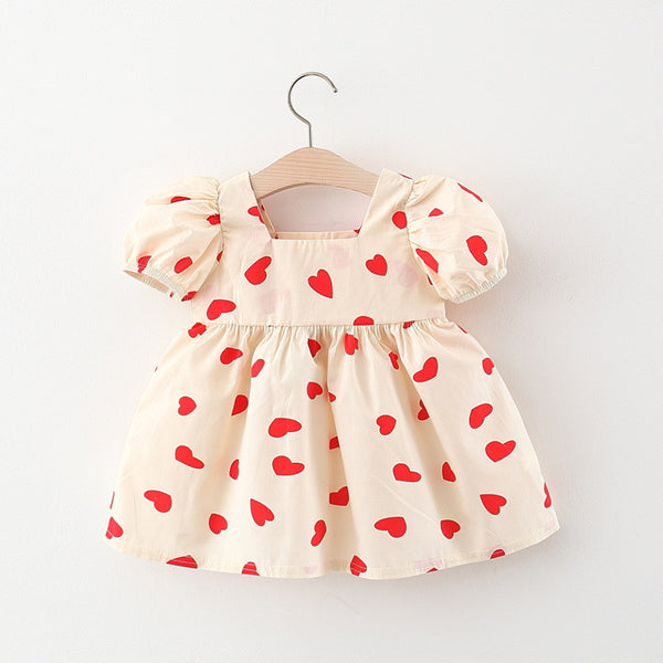 Baby Dress Cute Square Neck Heart Print Puff Sleeve Dress