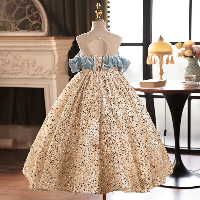 childrens gold party dress Girls Party Dress Lame Puff Shoulder 6 / Black/Gold