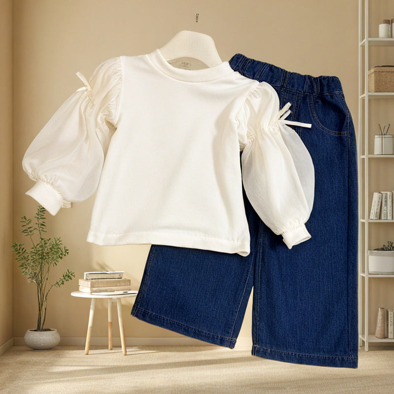 Girls' Denim Vest Bottoming Shirt and Straight Pants Three-piece Set