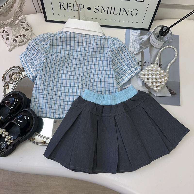 Girls Summer New Plaid Top Pleated Skirt Two-piece Suit