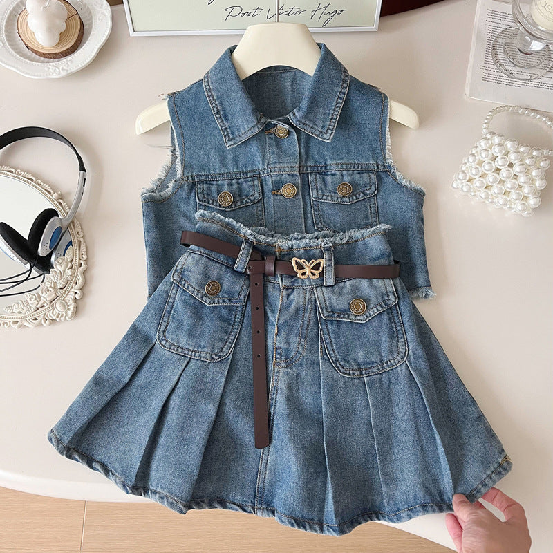 Girls Summer Denim Suit Sleeveless Raw Edge Vest Pleated Skirt Two-piece Suit