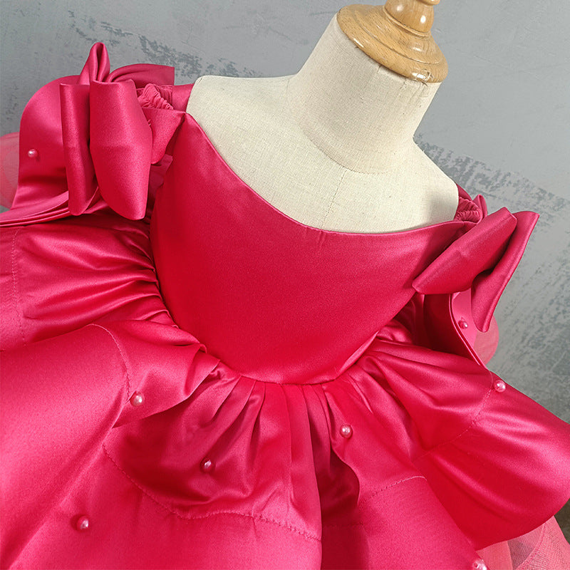 Elegant Baby Girl Rose Red Bow Sleeve Dress Toddler Communion Princess Dress