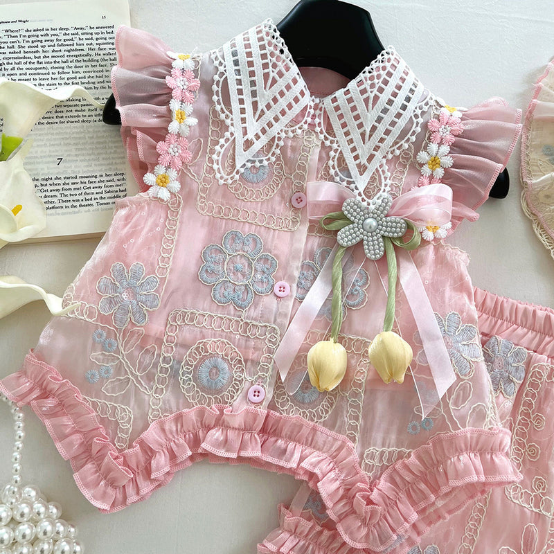 3D Flower Flying Sleeve Top Bow Lace Shorts Two-piece Set
