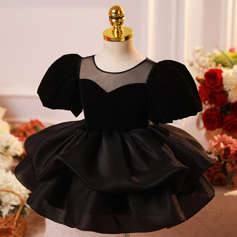Little Girls Dress Toddler Pageant Black Formal Flower Puff Sleeves Princess Dress