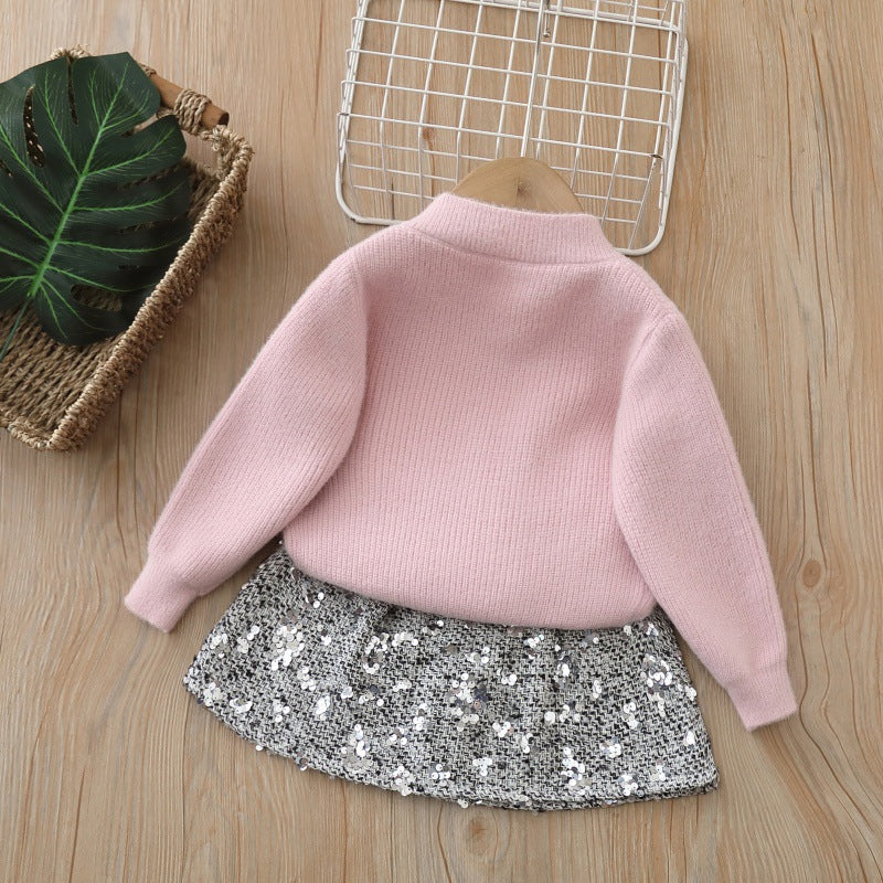 Girls' Rhinestone Bow Knitted Cardigan and Skirt Two-Piece Set