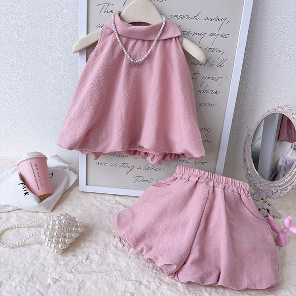 Girls Summer New Style Vest Flower Bud Shorts Two-piece Set