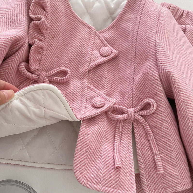 Girls' Winter Ruffled Trim Jacket Straight-Leg Pants Two-Piece Set