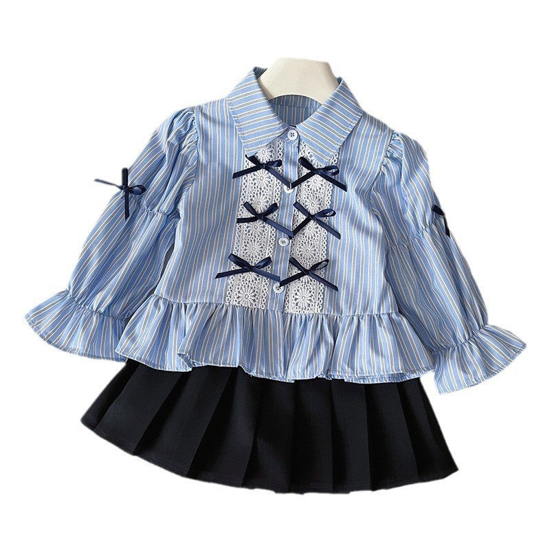 Girls' Autumn New Bow Striped Shirt Pleated Skirt Two-piece Suit