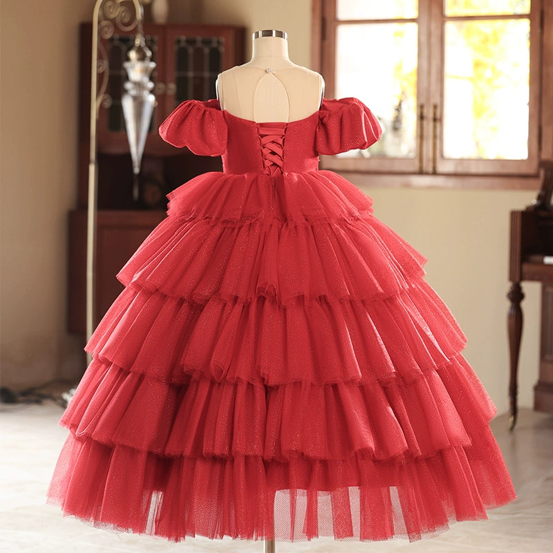 Red Girls Ball Dress Children's Birthday Puff Princess Dress
