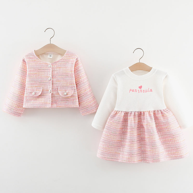 Girls Colorful Plaid Jacket Two-piece Dress