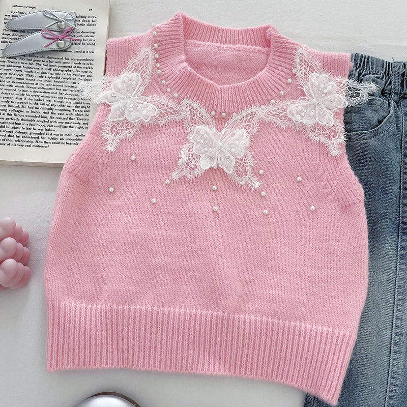 Girls' Knitted Vest Shirt and Jeans Three-Piece Set