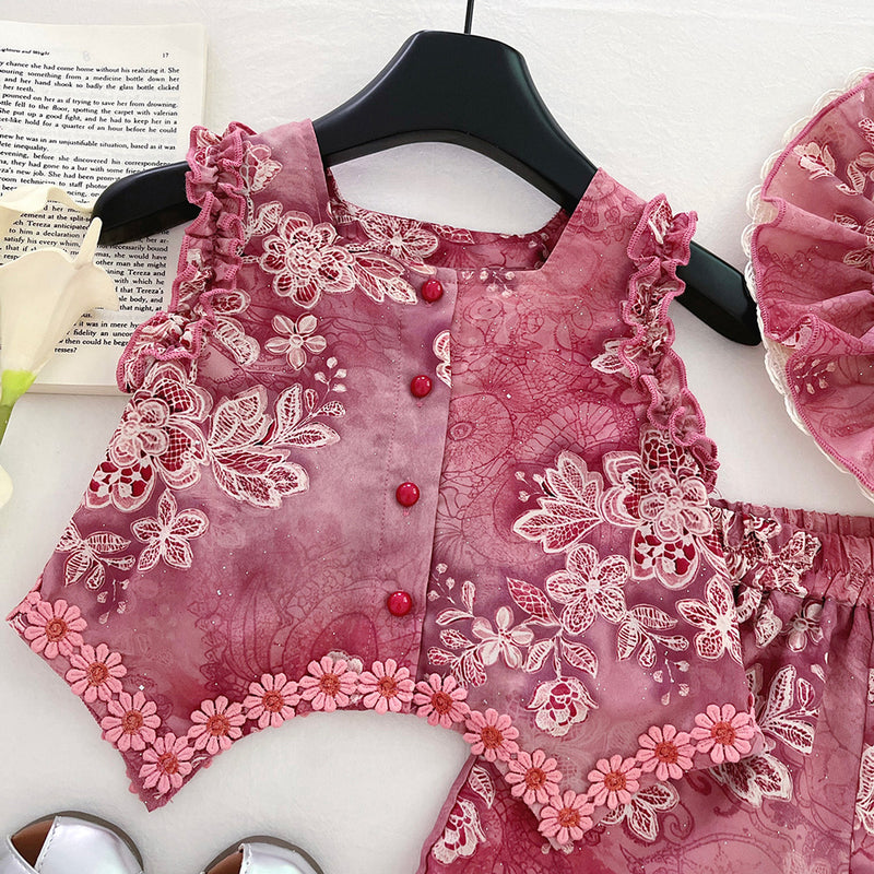 Girls Summer Hollow Bow Top Flower Shorts Two-Piece Set