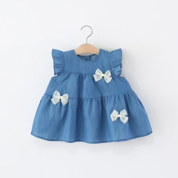 Girls Summer Flying Sleeve Dress Girls Denim Bow Dress