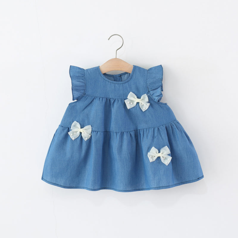 Girls Summer Flying Sleeve Dress Girls Denim Bow Dress