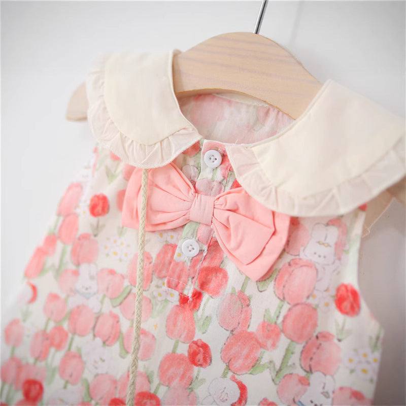 Girls Summer Floral Bow Bunny Ear Cotton Dress