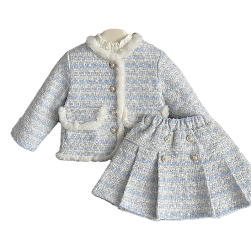 Cute Warm New Year Baby Girls Blue Two-piece Coat Short Dress Suit