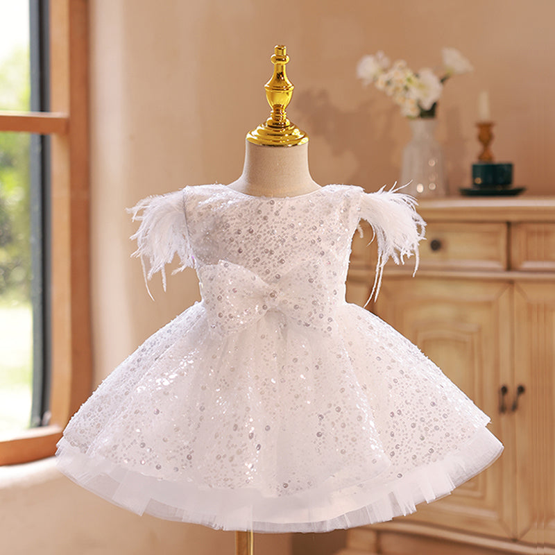 Cute Flower Girl Sleeveless Fringe Removable Bow Sequins Princess Dress