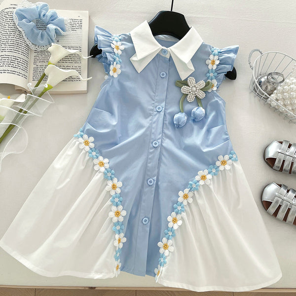 Girls Summer New Flying Sleeve Flower Splicing Princess Dress